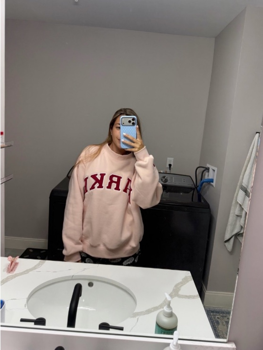 Parker Women's Pale Pink Crewneck Sweatshirt with Red Lettering